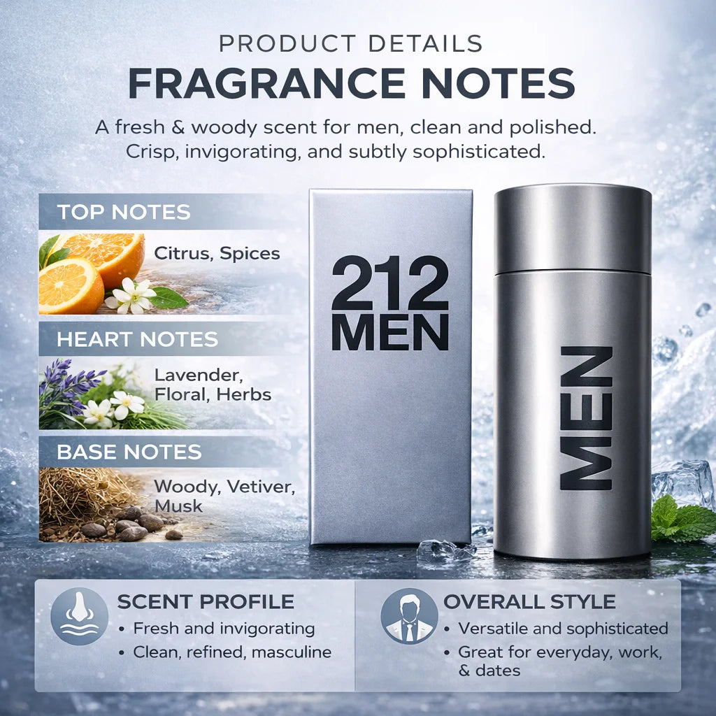 212 Men NY Eau De Toilette 100ml Woody Citrus Perfume for Men Long Lasting Masculine Scent
