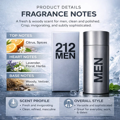 212 Men NY Eau De Toilette 100ml Woody Citrus Perfume for Men Long Lasting Masculine Scent
